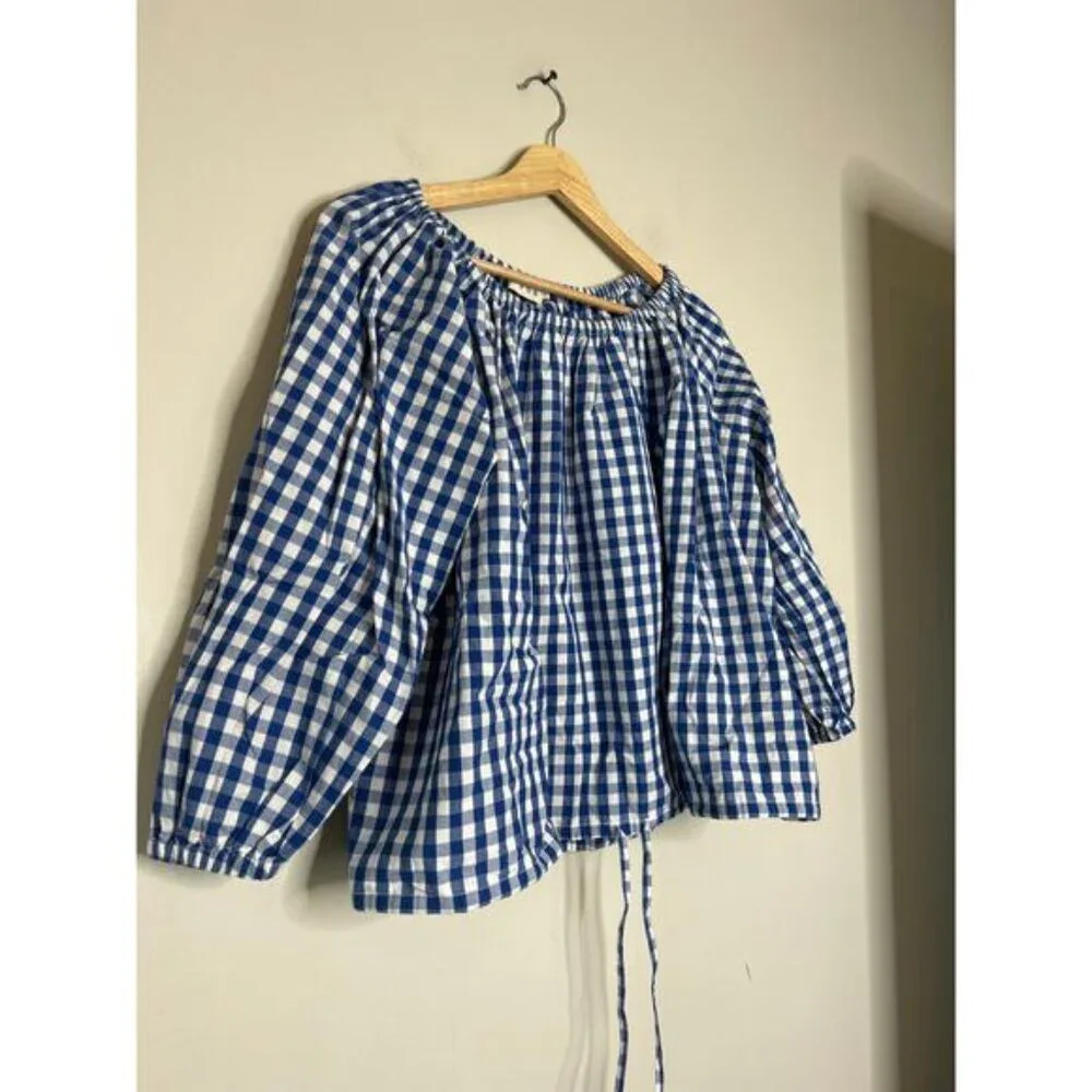 NEW Rhode Luciana Puff Sleeves Self Tie Gingham Plaid Blouse Top Blue Size: S